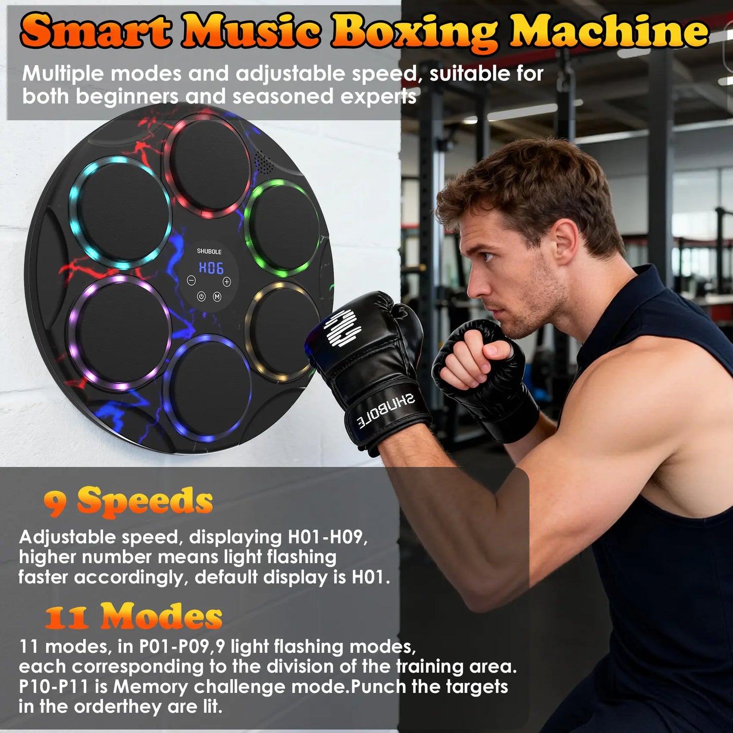 Shubole Music Boxing Machine with Gloves - Wall Mounted Punching Trainer for Adults & Kids, 9-Speed Punch Game, Wall Boxing Punching Pad, 2025 Upgrade Gifts for Boys Age 6+