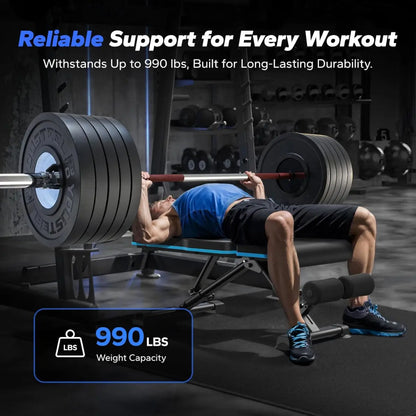 Adjustable Weight Bench, 990 Lbs Quick Fold Weight Bench Suitable for Home Gym, Exercise Bench with Extended Head Support, Adjustable Incline, Decline, and Flat Multifunctional Bench Press Suitable for Full Body Workout