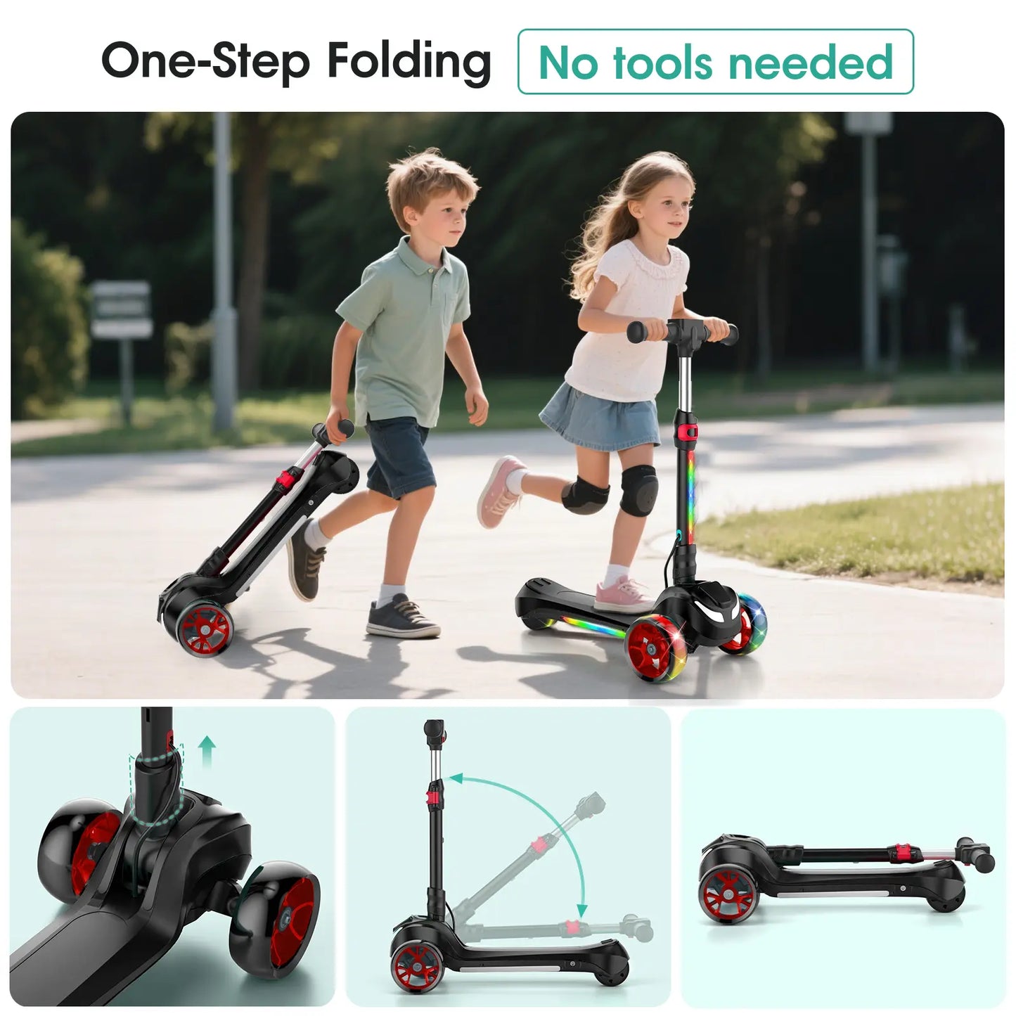 Balance Electric Scooter for Children Ages 3-12, Adjustable Height Motorized Scooter with Bluetooth Speaker, LED Lights, Three-Wheel Design, Thumb Accelerator, Balance Training, and Foldable for Boys and Girls