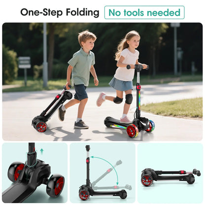 Balance Electric Scooter for Children Ages 3-12, Adjustable Height Motorized Scooter with Bluetooth Speaker, LED Lights, Three-Wheel Design, Thumb Accelerator, Balance Training, and Foldable for Boys and Girls