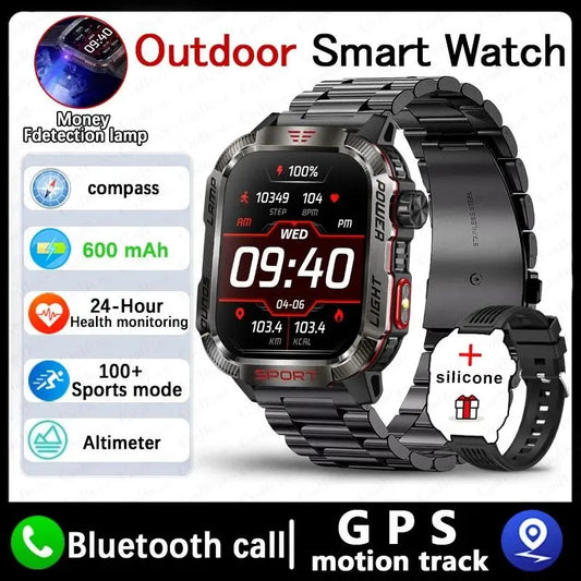Men's Rechargeable GPS Smartwatch with Magnetic Black Stainless Steel Band, 600mAh USB Rechargeable Battery, Waterproof Design, Flashlight, Compass, Bluetooth Calling, HD Touchscreen, Outdoor Sports Tracker, Android Compatible