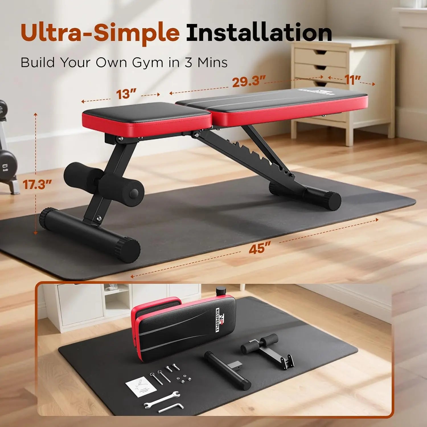 Nicepeople FWB1 Weight Bench for Home Gym, 660LBS Capacity Workout Bench with 8 Backrests for Chest Shoulders Arms, Compact and Foldable Strength Bench for Small Space Apartment Room
