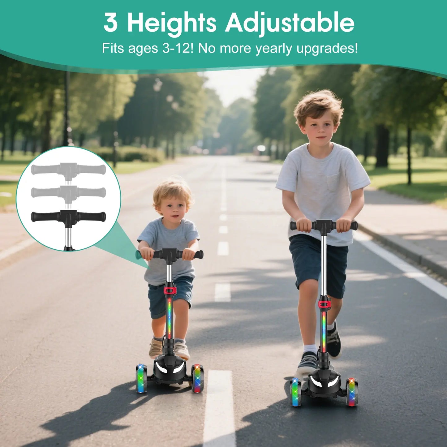 Balance Electric Scooter for Children Ages 3-12, Adjustable Height Motorized Scooter with Bluetooth Speaker, LED Lights, Three-Wheel Design, Thumb Accelerator, Balance Training, and Foldable for Boys and Girls