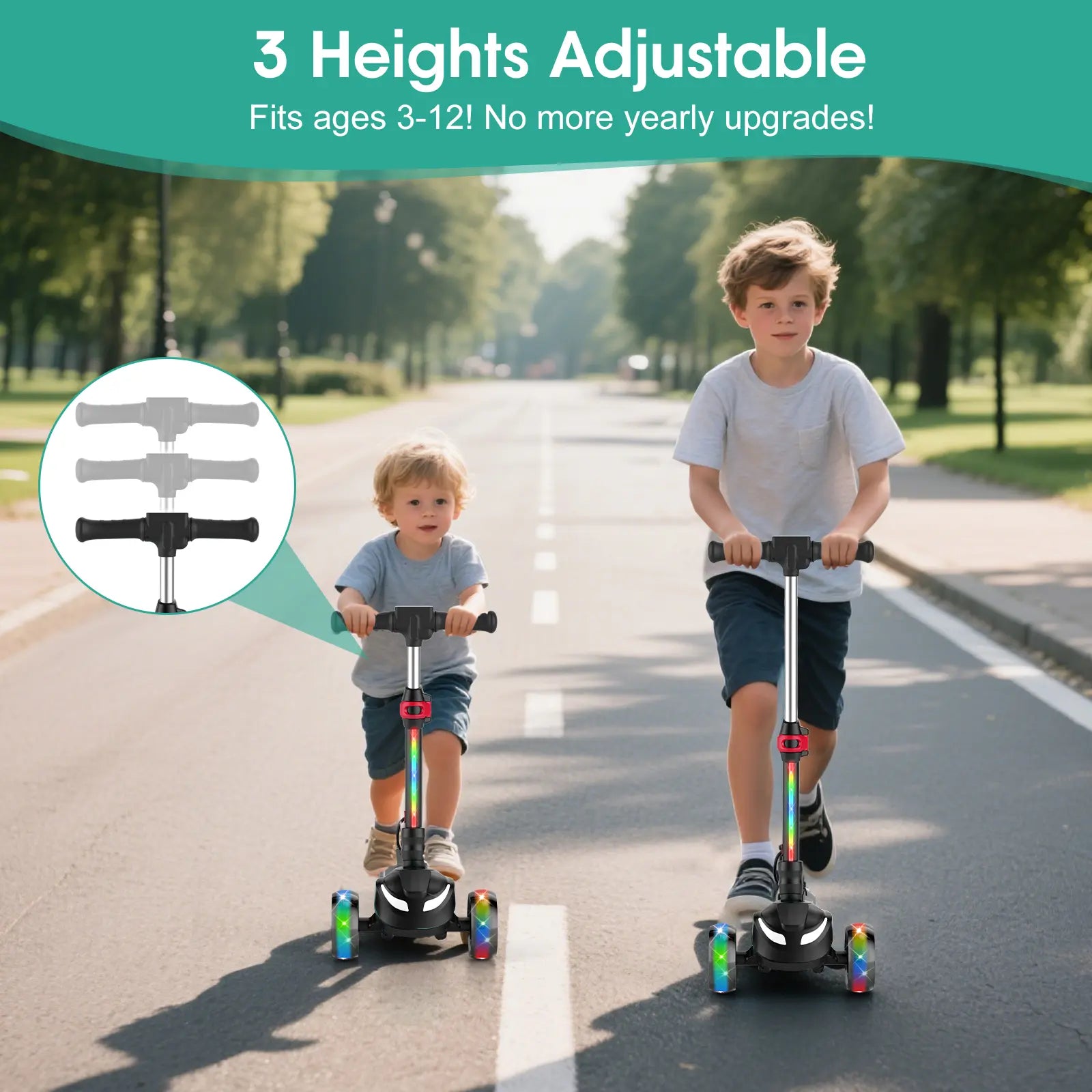 Balance Electric Scooter for Children Ages 3-12, Adjustable Height Motorized Scooter with Bluetooth Speaker, LED Lights, Three-Wheel Design, Thumb Accelerator, Balance Training, and Foldable for Boys and Girls