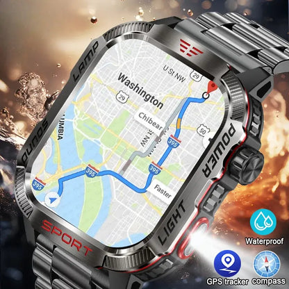 Men's Rechargeable GPS Smartwatch with Magnetic Black Stainless Steel Band, 600mAh USB Rechargeable Battery, Waterproof Design, Flashlight, Compass, Bluetooth Calling, HD Touchscreen, Outdoor Sports Tracker, Android Compatible