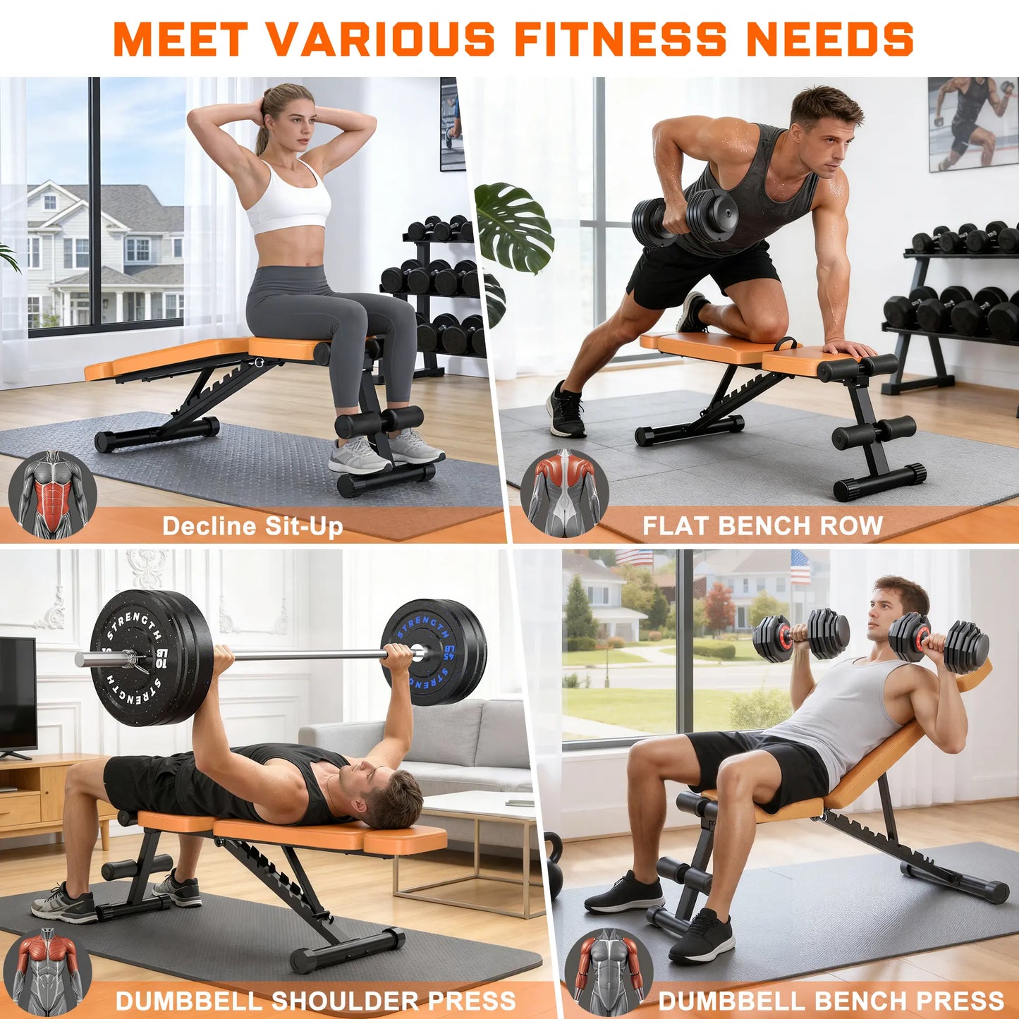 Bearbro 9 Positions Adjustable Weight Bench,Foldable Workout Bench Olympic Weight Bench for Home Gym Full Body Strength Training,Support up to 800Lbs