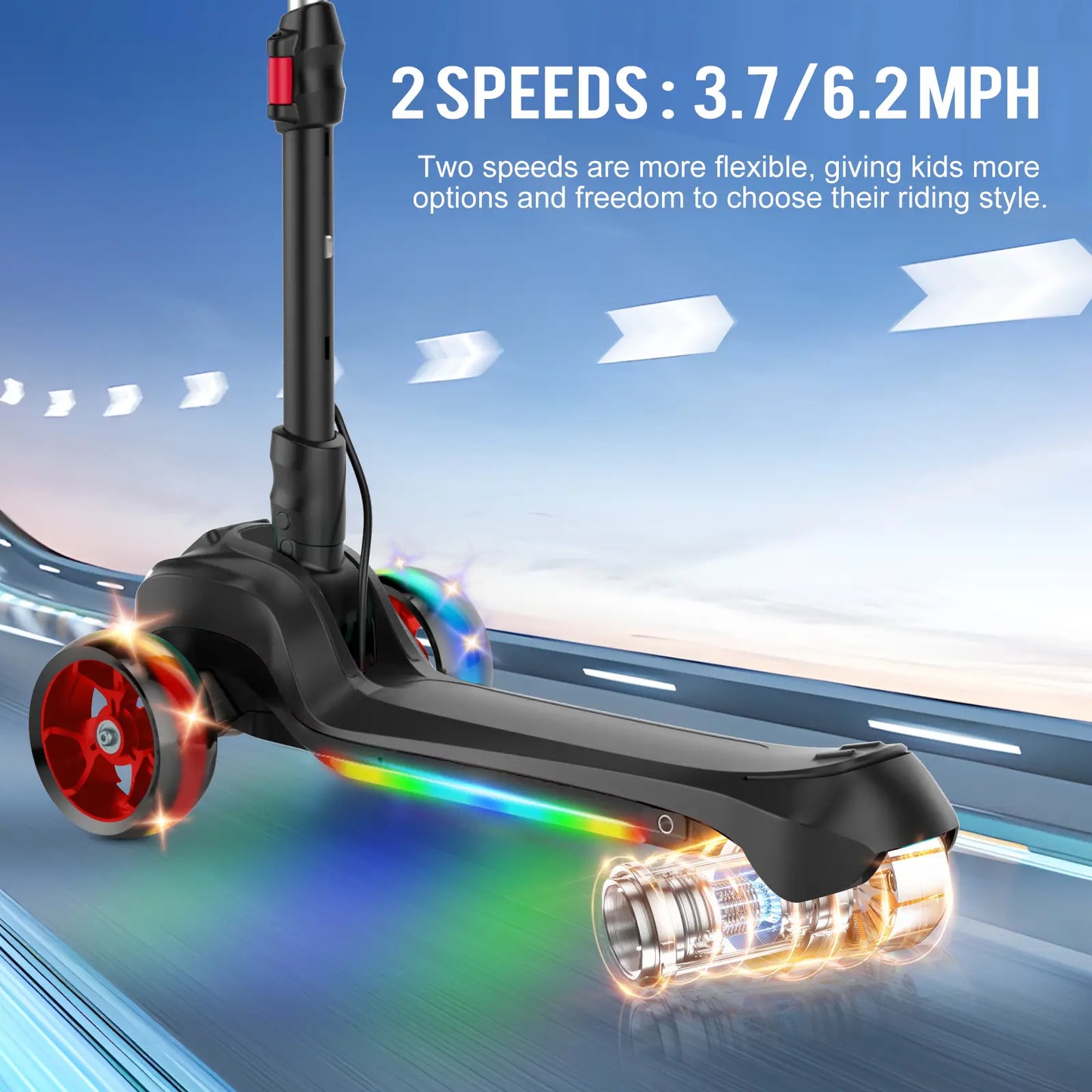 Balance Electric Scooter for Children Ages 3-12, Adjustable Height Motorized Scooter with Bluetooth Speaker, LED Lights, Three-Wheel Design, Thumb Accelerator, Balance Training, and Foldable for Boys and Girls
