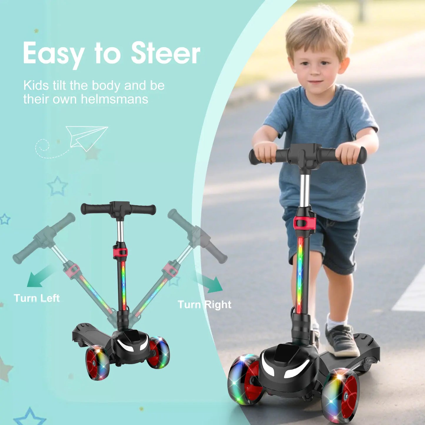 Balance Electric Scooter for Children Ages 3-12, Adjustable Height Motorized Scooter with Bluetooth Speaker, LED Lights, Three-Wheel Design, Thumb Accelerator, Balance Training, and Foldable for Boys and Girls