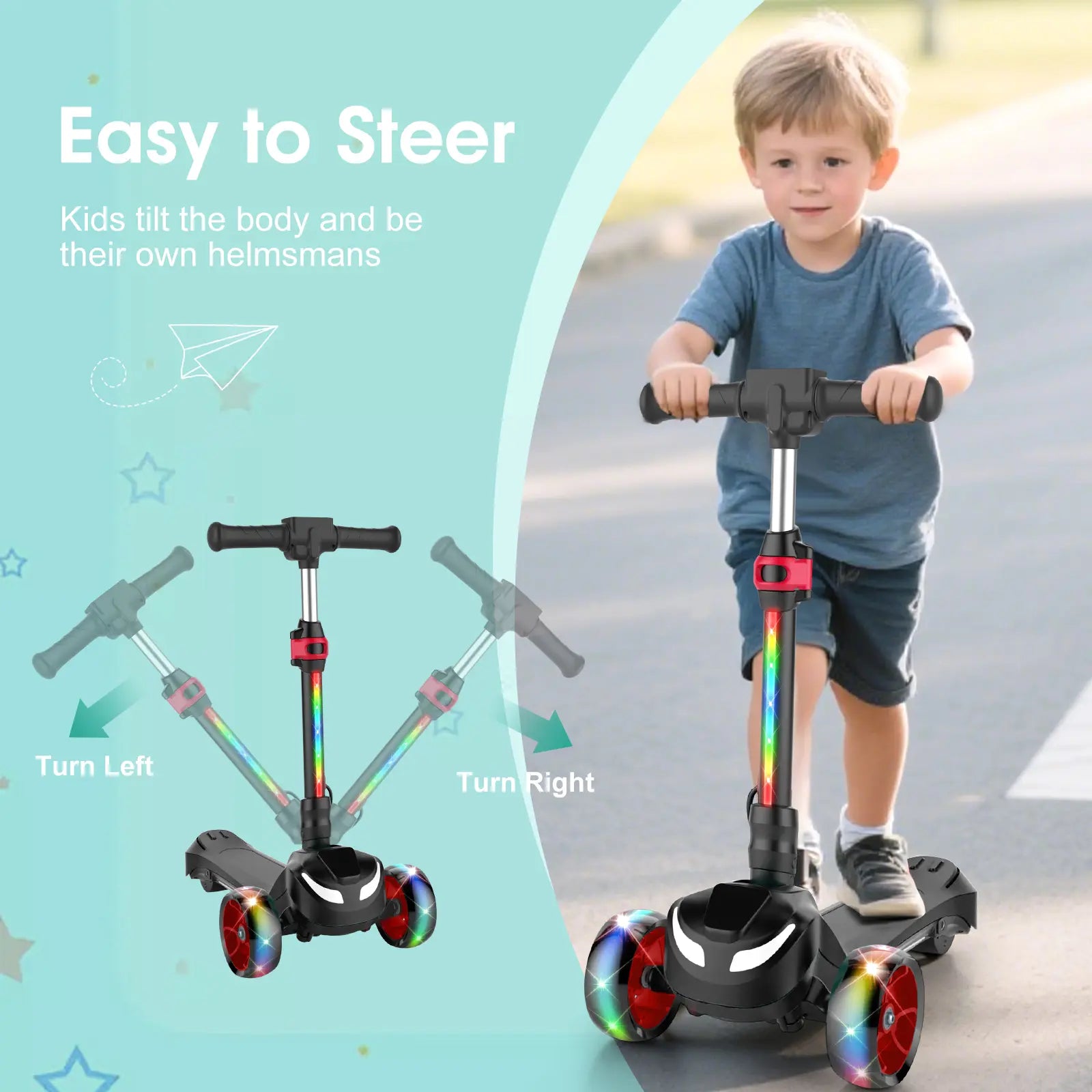 Balance Electric Scooter for Children Ages 3-12, Adjustable Height Motorized Scooter with Bluetooth Speaker, LED Lights, Three-Wheel Design, Thumb Accelerator, Balance Training, and Foldable for Boys and Girls