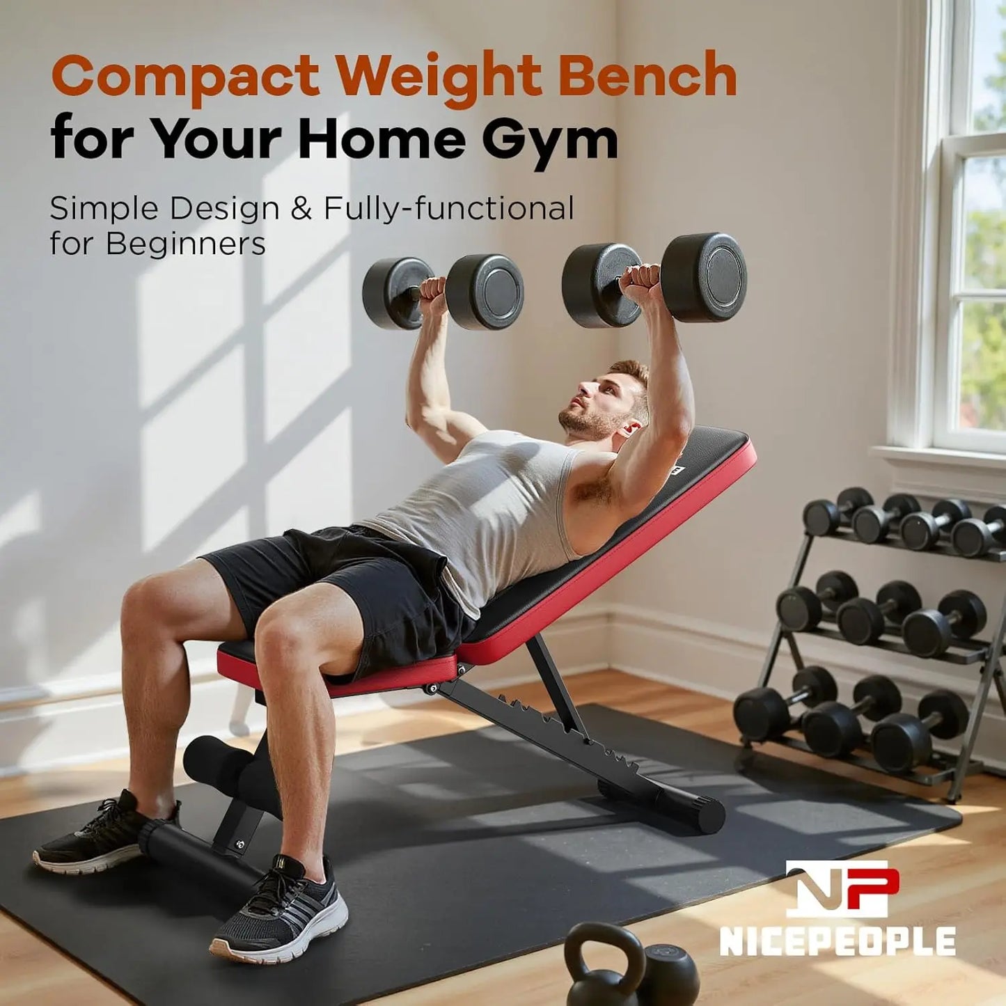 Nicepeople FWB1 Weight Bench for Home Gym, 660LBS Capacity Workout Bench with 8 Backrests for Chest Shoulders Arms, Compact and Foldable Strength Bench for Small Space Apartment Room