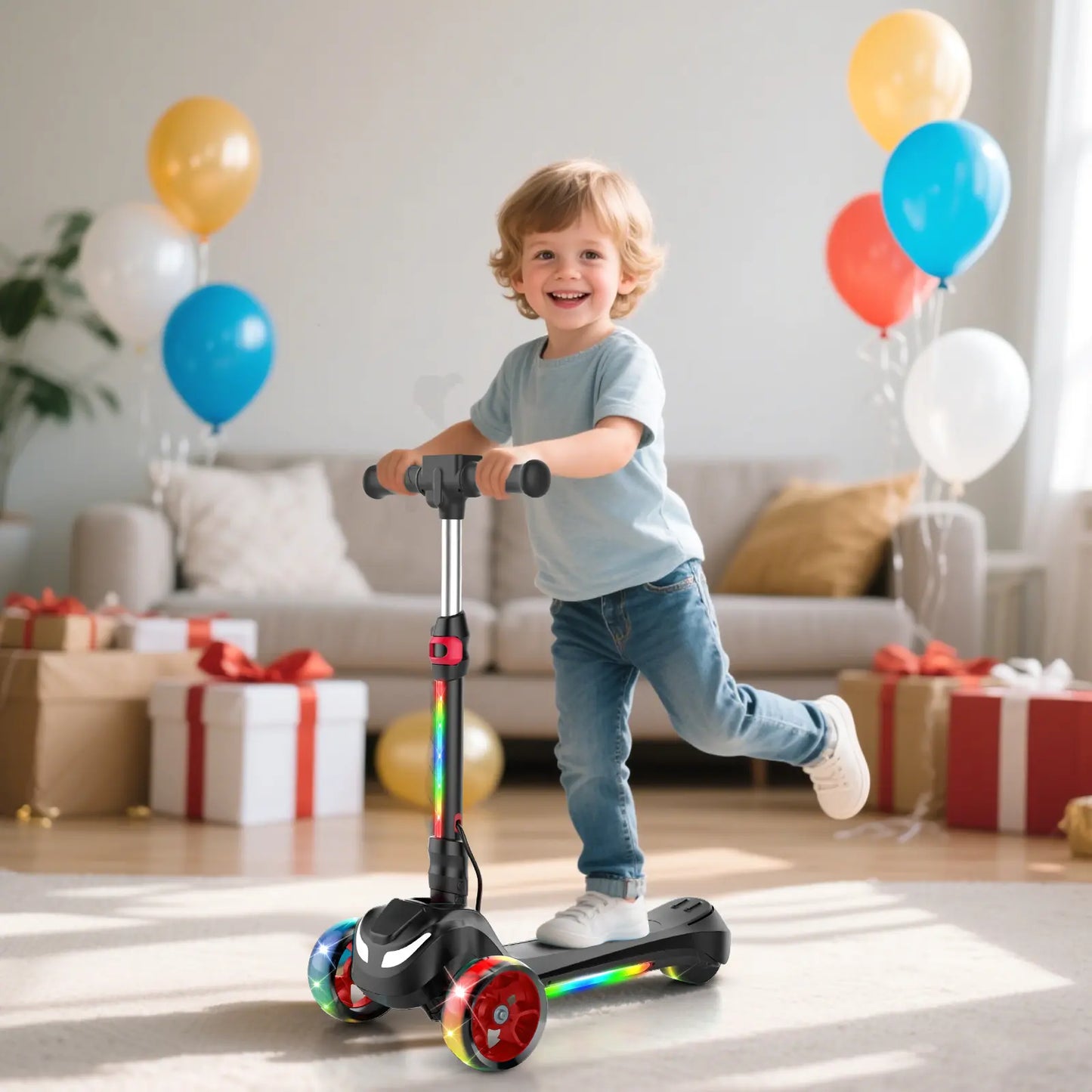 Balance Electric Scooter for Children Ages 3-12, Adjustable Height Motorized Scooter with Bluetooth Speaker, LED Lights, Three-Wheel Design, Thumb Accelerator, Balance Training, and Foldable for Boys and Girls